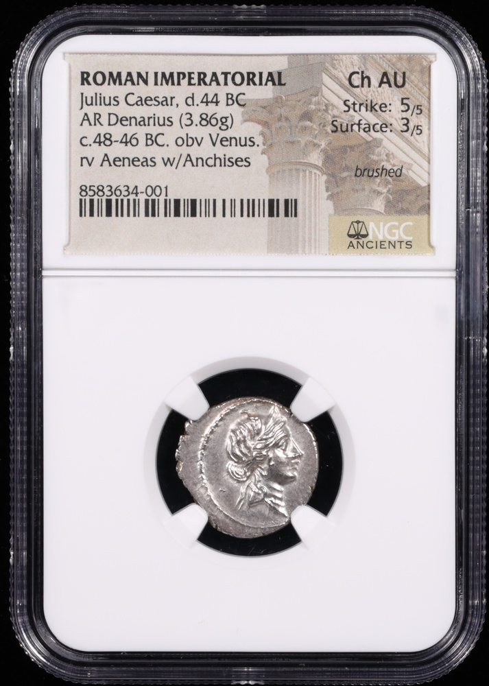 48-46 BC Roman Imperatorial Julius Caesar Silver Denarius Obverse in Holder 48-46 BC Roman Imperatorial Julius Caesar Silver Denarius Obverse in Holder