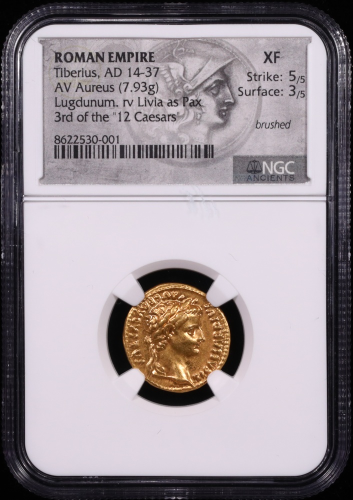 14-37 AD Tiberius Gold Aureus Lugdunum Livia as Pax NGC XF Strike 5/5 Surface 3/5 Obverse in Holder 14-37 AD Tiberius Gold Aureus Lugdunum Livia as Pax NGC XF Strike 5/5 Surface 3/5 Obverse in Holder