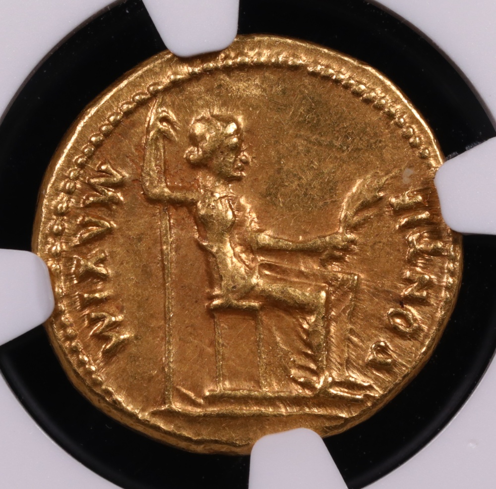 AD 14-37 Tiberius Gold Aureus Lugdunum Livia as Pax NGC XF 5x3