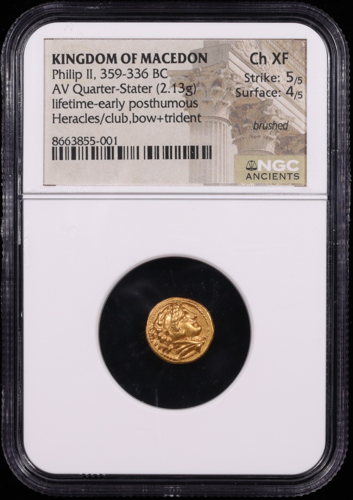 359-336 BC Kingdom of Macedon Philip II Gold Quarter-Stater NGC Choice Extremely Fine 5/4 Obverse in Holder 359-336 BC Kingdom of Macedon Philip II Gold Quarter-Stater NGC Choice Extremely Fine 5/4 Obverse in Holder