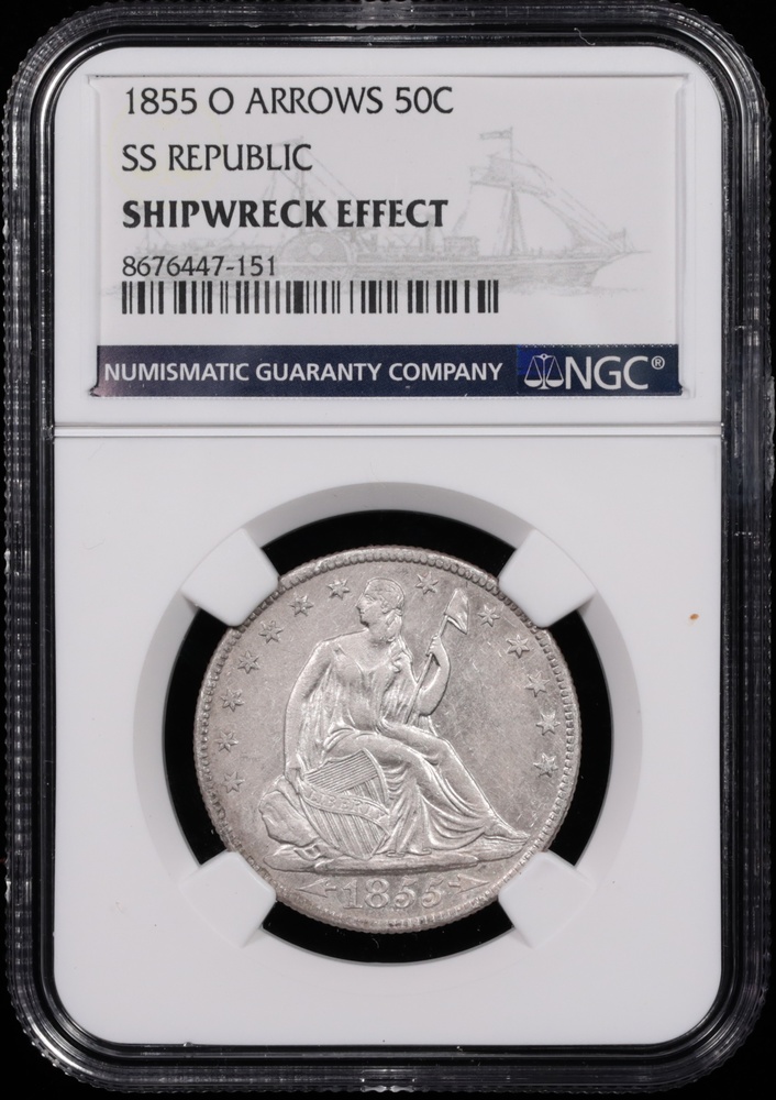 1855-O Arrows Seated Liberty Half Dollar SS Republic Shipwreck Effect NGC Obverse in Holder 1855-O Arrows Seated Liberty Half Dollar SS Republic Shipwreck Effect NGC Obverse in Holder