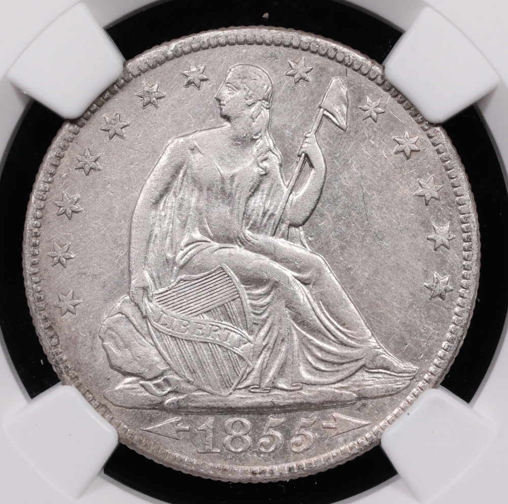 1855-O Arrows Seated Liberty Half Dollar SS Republic Shipwreck Effect NGC Obverse in Holder 1855-O Arrows Seated Liberty Half Dollar SS Republic Shipwreck Effect NGC Obverse in Holder