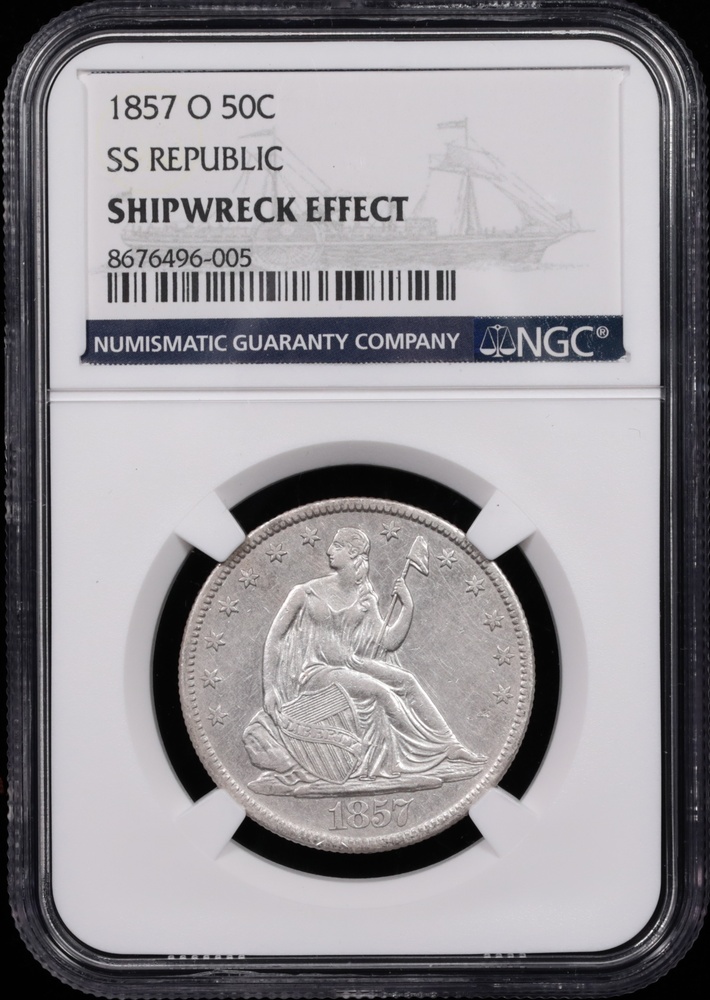 1857-O Seated Liberty Half Dollar SS Republic Shipwreck Effect NGC Obverse in Holder - Label View 1857-O Seated Liberty Half Dollar SS Republic Shipwreck Effect NGC Obverse in Holder - Label View