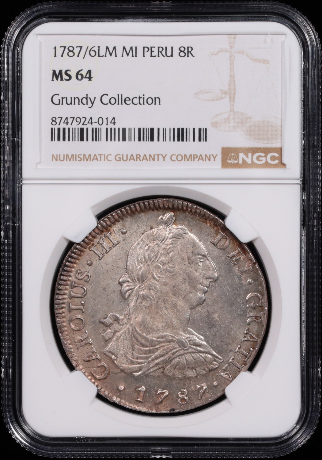 1787/6 Lima, Peru 8 Reale NGC MS-64 Obverse in Holder 1787/6 Lima, Peru 8 Reale NGC MS-64 Obverse in Holder