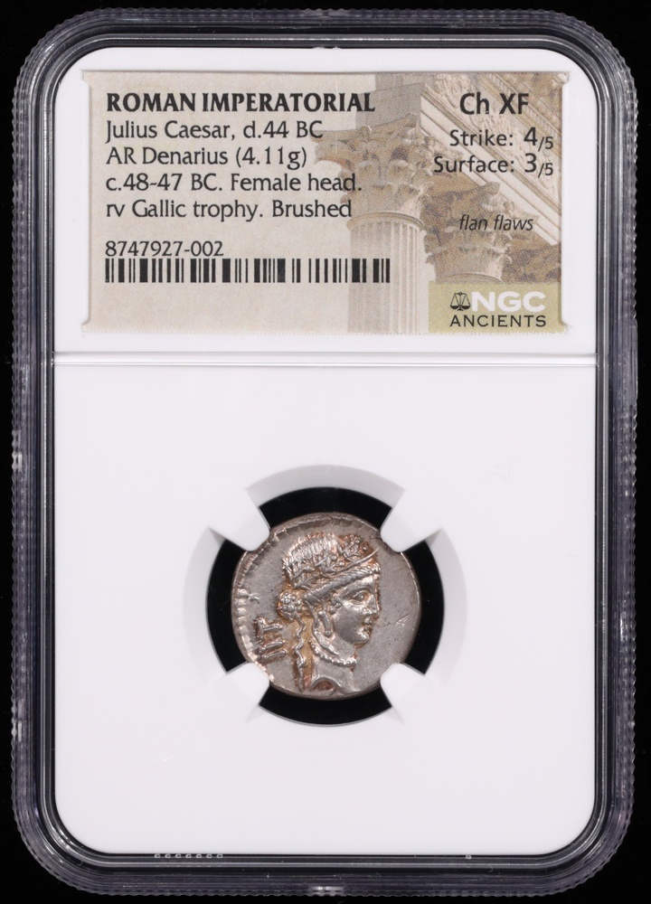 48-47 BC Julius Caesar Silver Denarius NGC Choice Extremely Fine 4x3 Obverse in Holder 48-47 BC Julius Caesar Silver Denarius NGC Choice Extremely Fine 4x3 Obverse in Holder
