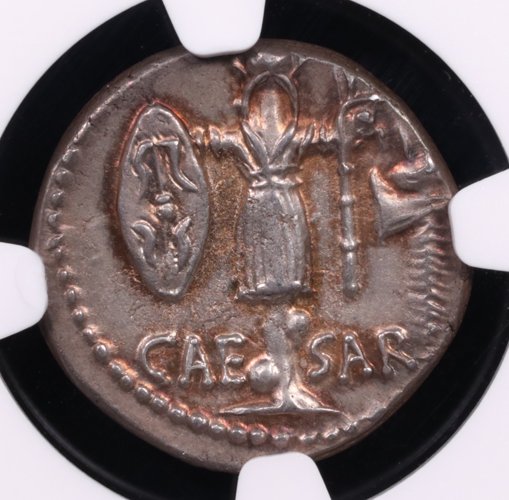 48-47 BC Julius Caesar Silver Denarius NGC Choice Extremely Fine 4x3 Reverse 48-47 BC Julius Caesar Silver Denarius NGC Choice Extremely Fine 4x3 Reverse