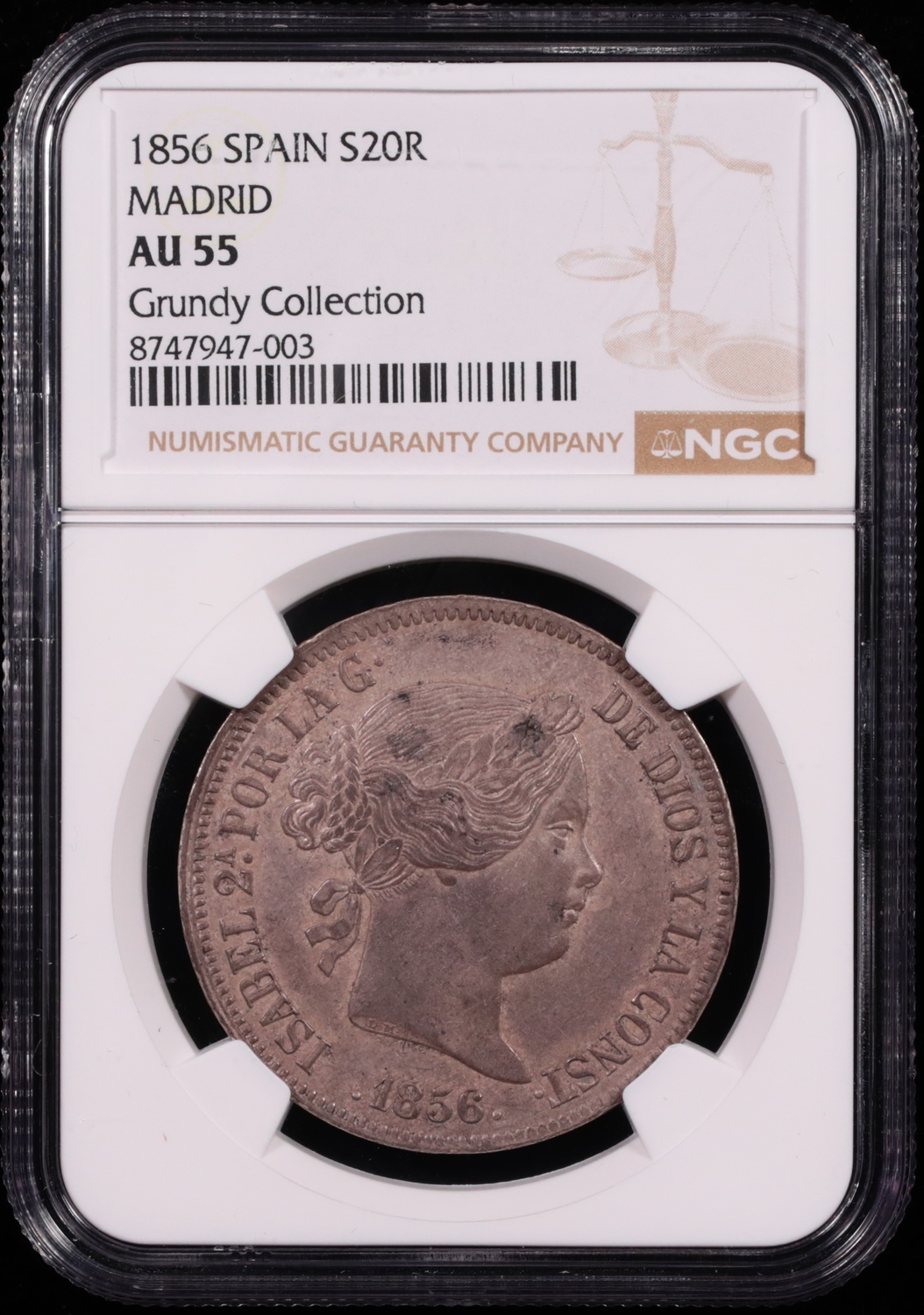 1856 Madrid, Spain 20 Reale NGC AU-55 Obverse in Holder 1856 Madrid, Spain 20 Reale NGC AU-55 Obverse in Holder