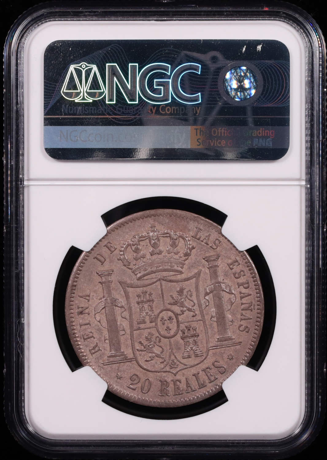 1856 Madrid, Spain 20 Reale NGC AU-55 Reverse in Holder 1856 Madrid, Spain 20 Reale NGC AU-55 Reverse in Holder