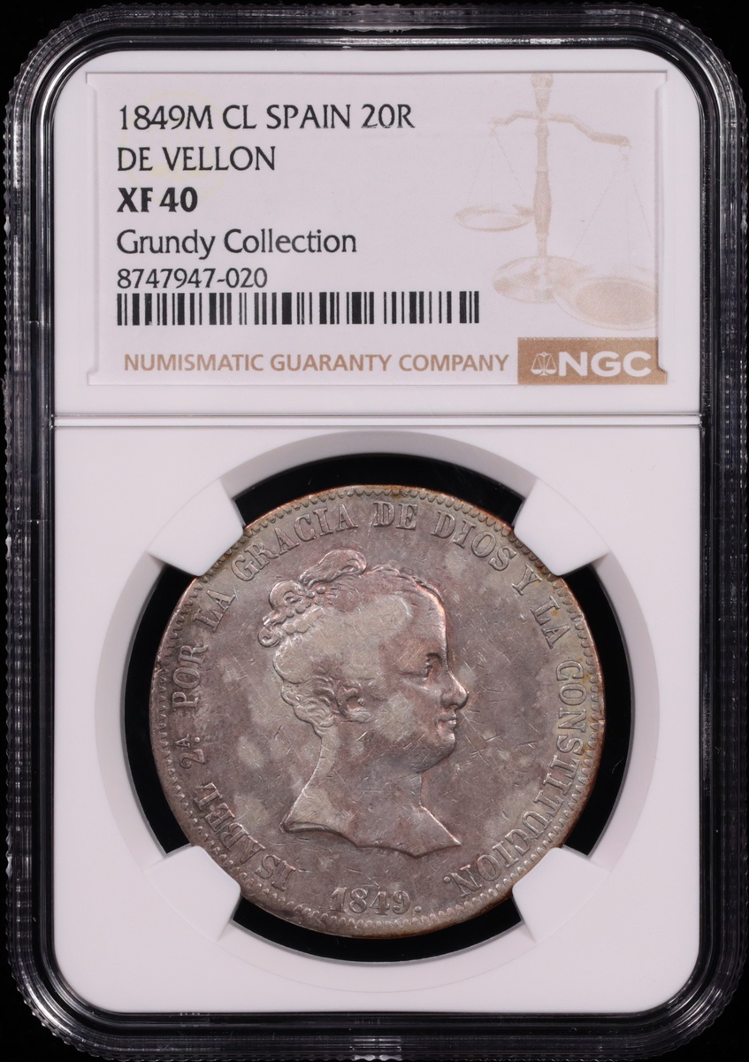 1849 Madrid, Spain 20 Reale de Vellon NGC XF-40 Obverse in Holder 1849 Madrid, Spain 20 Reale de Vellon NGC XF-40 Obverse in Holder