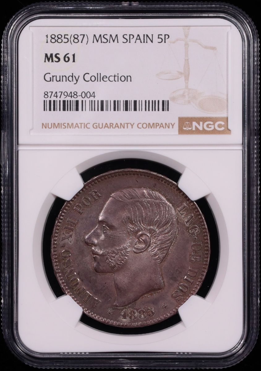 1885 (87) MSM Spain 5 Pesetas Grundy Collection NGC MS-61 Obverse in Holder 1885 (87) MSM Spain 5 Pesetas Grundy Collection NGC MS-61 Obverse in Holder