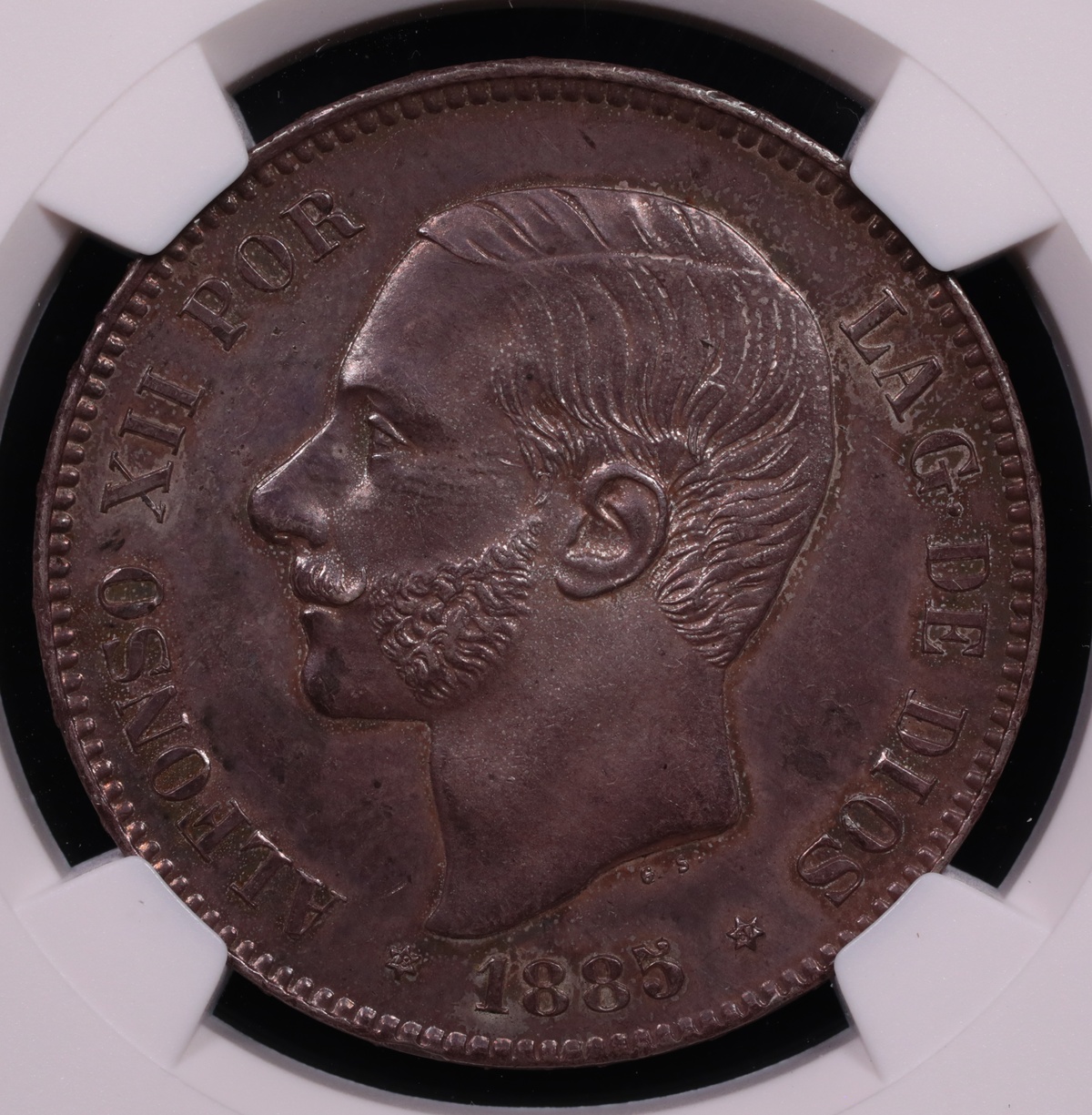 1885 (87) MSM Spain 5 Pesetas Grundy Collection NGC MS-61 Obverse 1885 (87) MSM Spain 5 Pesetas Grundy Collection NGC MS-61 Obverse