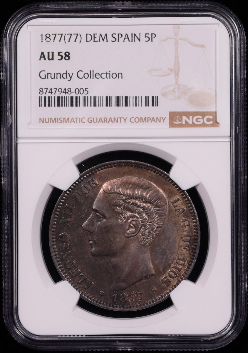 1877 Spain 5 Pesetas Alfonso XII NGC AU-58 Obverse in Holder 1877 Spain 5 Pesetas Alfonso XII NGC AU-58 Obverse in Holder