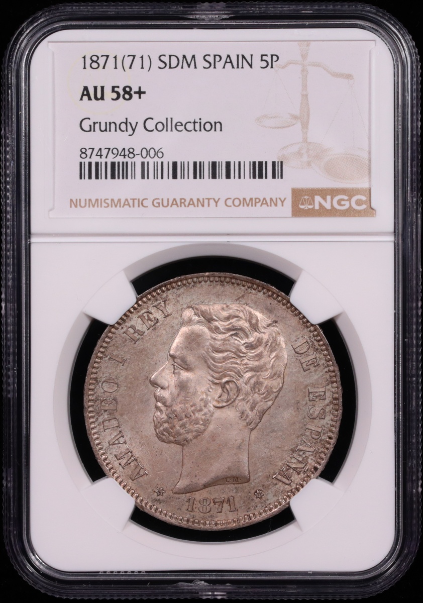 1871 Spain 5 Pesetas Amadeo I Grundy Collection NGC AU-58+ Obverse in Holder 1871 Spain 5 Pesetas Amadeo I Grundy Collection NGC AU-58+ Obverse in Holder