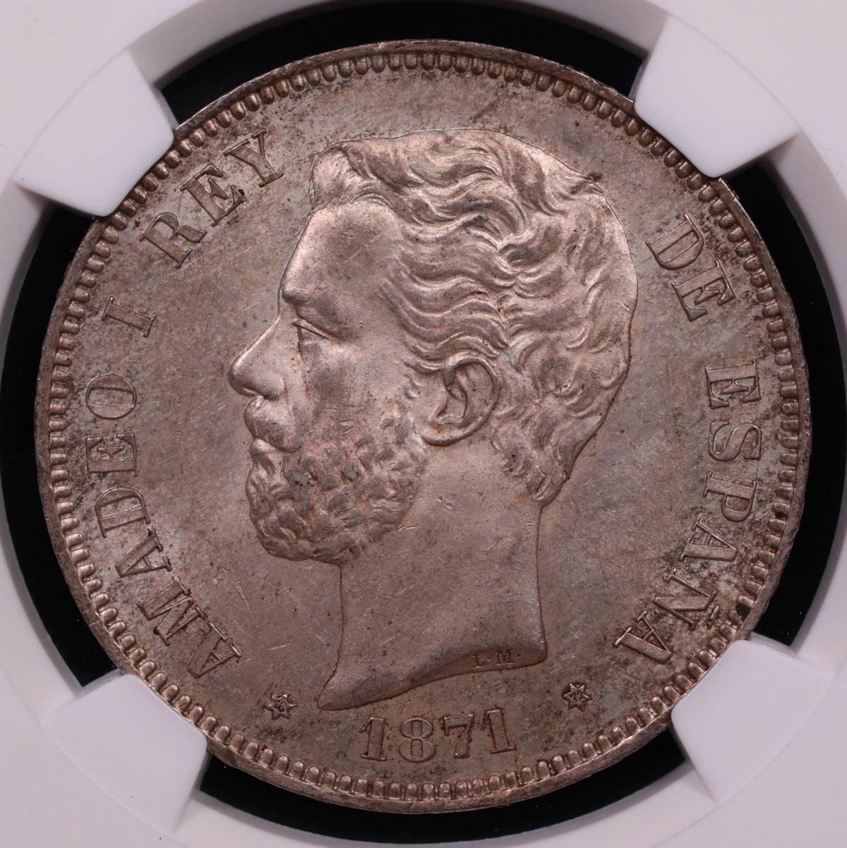 1871 Spain 5 Pesetas Amadeo I Grundy Collection NGC AU-58+ Obverse 1871 Spain 5 Pesetas Amadeo I Grundy Collection NGC AU-58+ Obverse