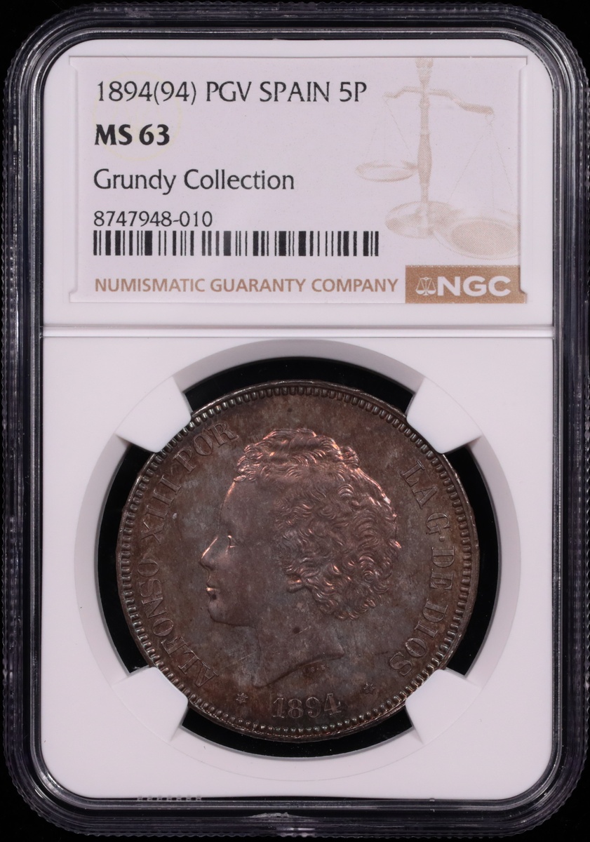 1894 Spain 5 Pesetas PGV NGC MS-63 Obverse in Holder 1894 Spain 5 Pesetas PGV NGC MS-63 Obverse in Holder
