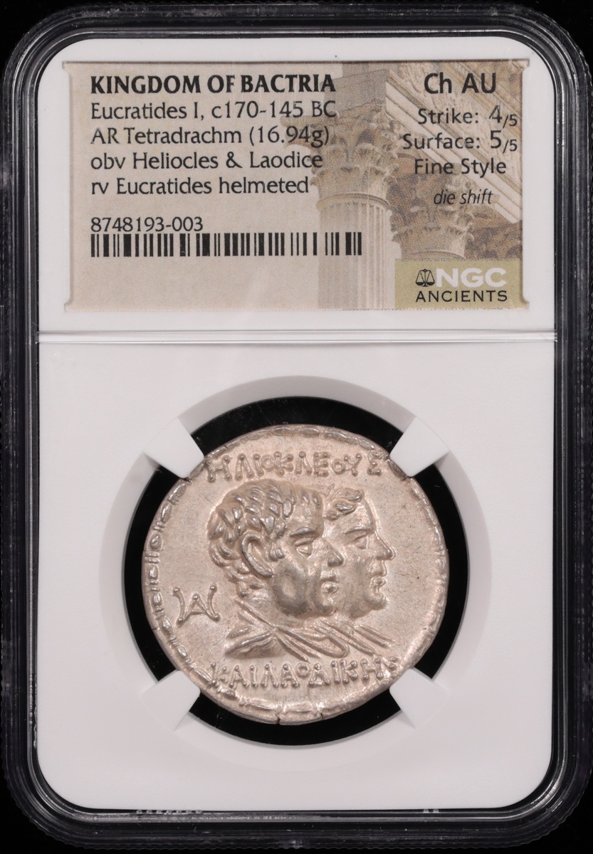 170-145 BC Bactria Eucratides I Silver Tetradrachm NGC Choice About Uncirculated Fine Style 4x5 Obverse in Holder 170-145 BC Bactria Eucratides I Silver Tetradrachm NGC Choice About Uncirculated Fine Style 4x5 Obverse in Holder