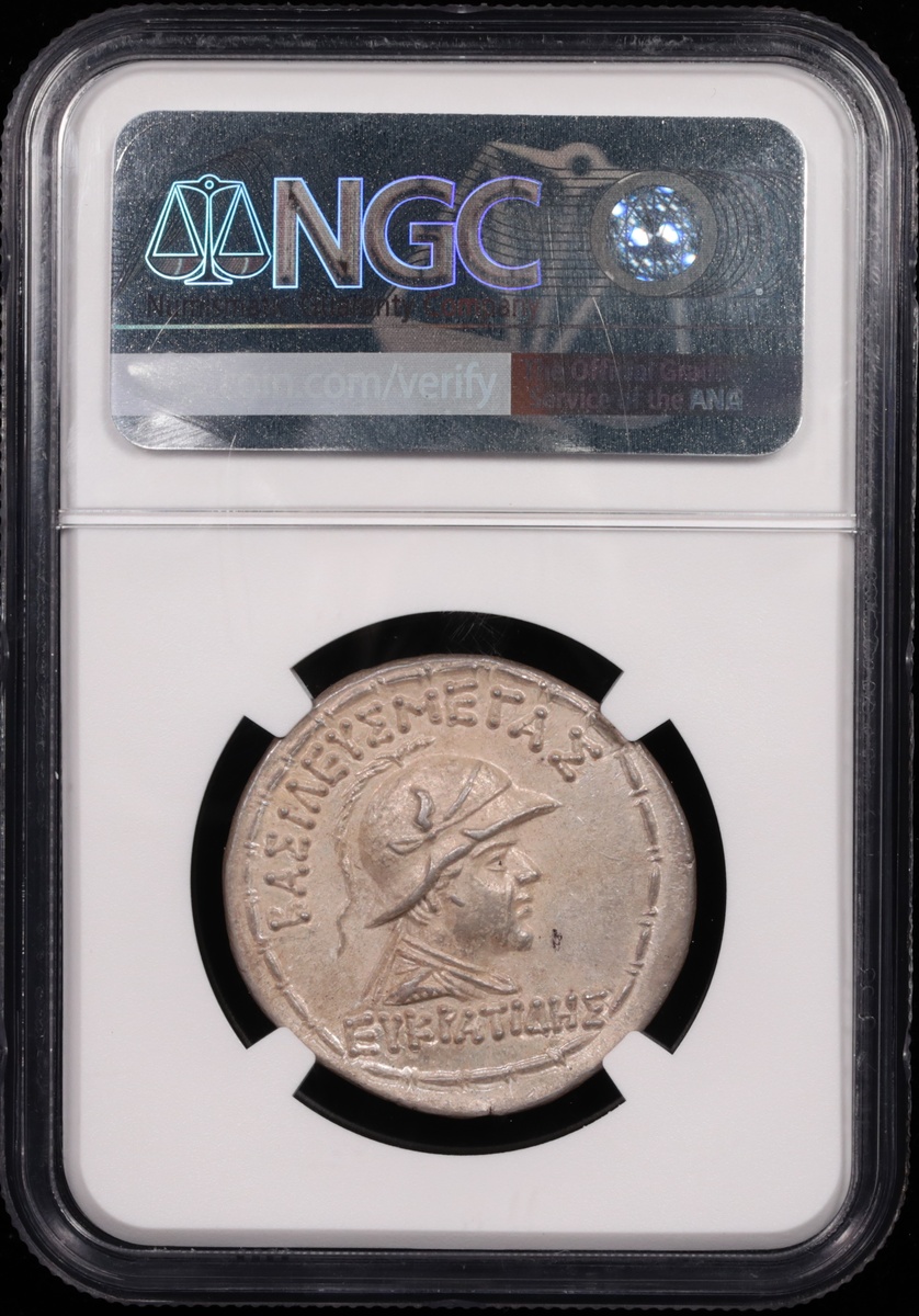 170-145 BC Bactria Eucratides I Silver Tetradrachm NGC Choice About Uncirculated Fine Style 4x5 Reverse in Holder 170-145 BC Bactria Eucratides I Silver Tetradrachm NGC Choice About Uncirculated Fine Style 4x5 Reverse in Holder