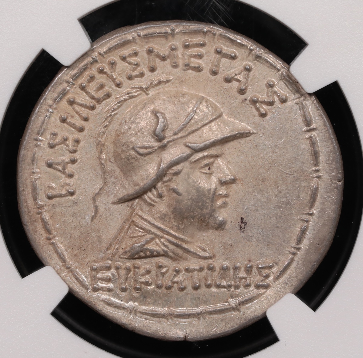 170-145 BC Bactria Eucratides I Silver Tetradrachm NGC Choice About Uncirculated Fine Style 4x5 Reverse 170-145 BC Bactria Eucratides I Silver Tetradrachm NGC Choice About Uncirculated Fine Style 4x5 Reverse