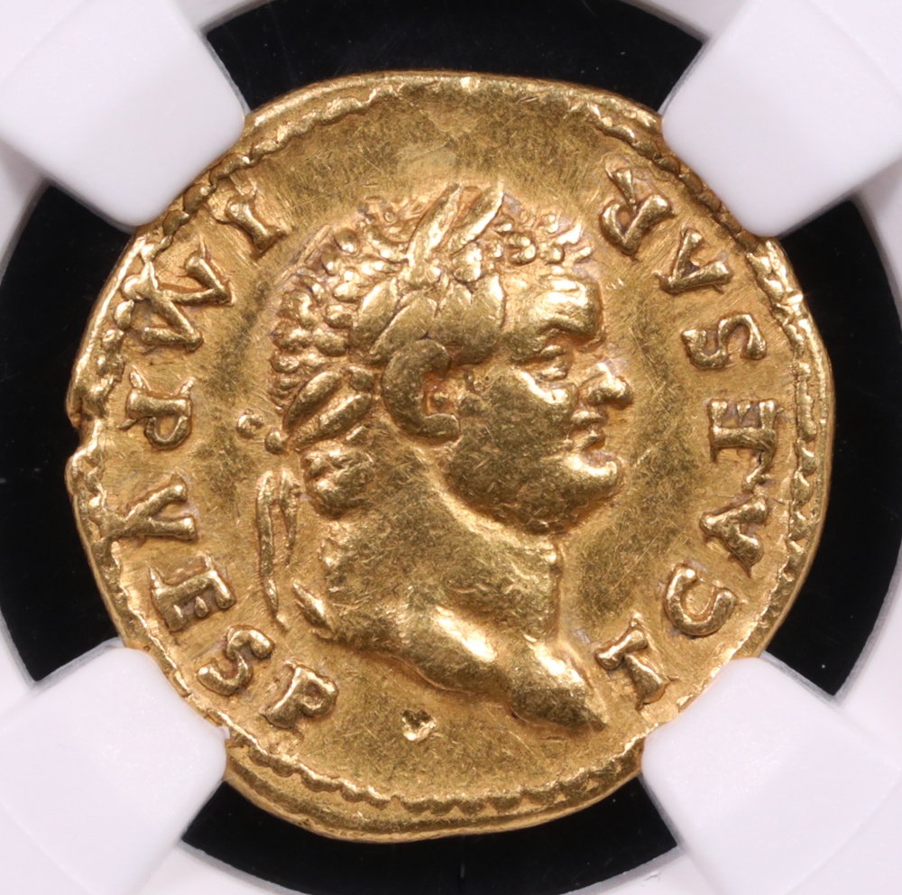 79-81 AD Roman Empire Titus Gold Aureus NGC Choice Very Fine 5x2 Obverse 79-81 AD Roman Empire Titus Gold Aureus NGC Choice Very Fine 5x2 Obverse