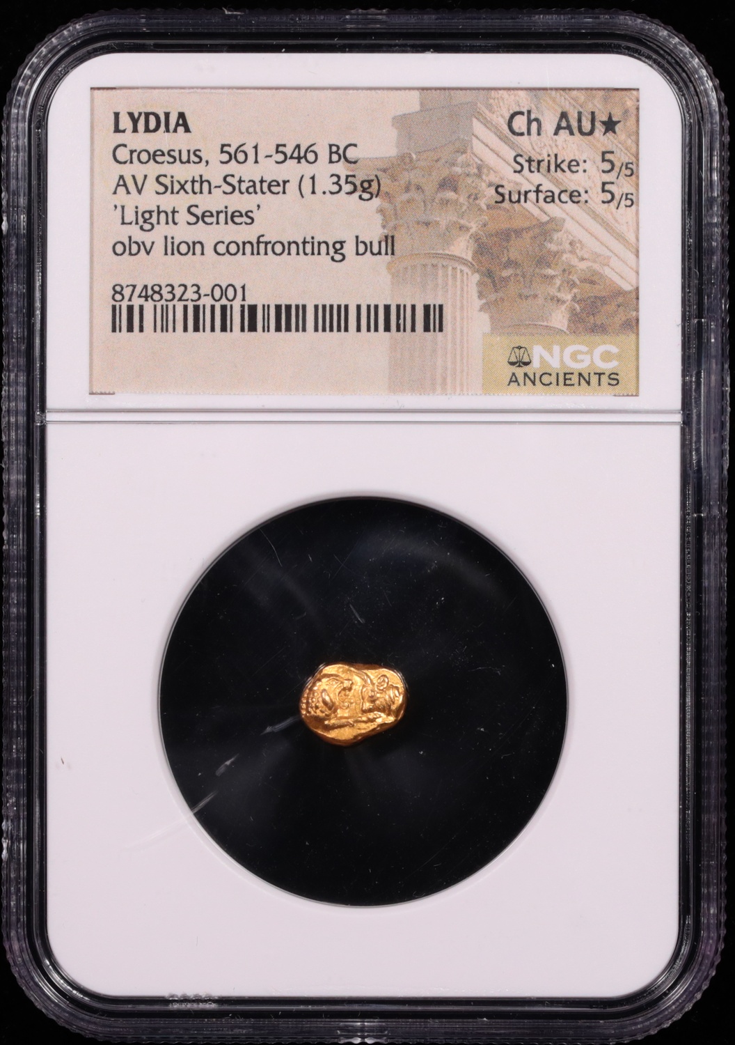 561-546 BC Lydia Croesus Gold Sixth-Stater NGC Choice About Uncirculated★ 5x5 Obverse in Holder 561-546 BC Lydia Croesus Gold Sixth-Stater NGC Choice About Uncirculated★ 5x5 Obverse in Holder