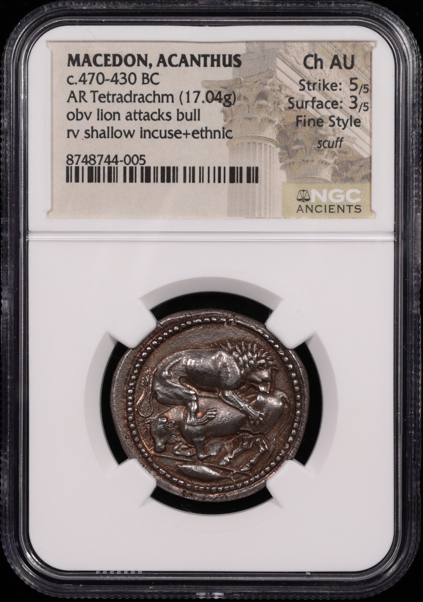 470-430 BC Macedon, Acanthus Silver Lion and Bull Tetradrachm NGC Choice About Uncirculated 5x3 Obverse in Holder 470-430 BC Macedon, Acanthus Silver Lion and Bull Tetradrachm NGC Choice About Uncirculated 5x3 Obverse in Holder
