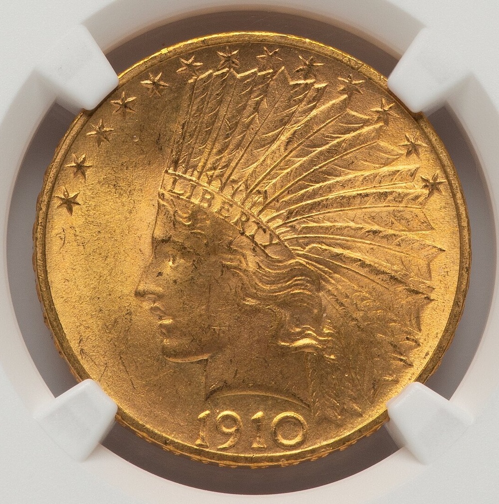 1910 $10 Indian Head Gold NGC MS-65 Obverse in Holder