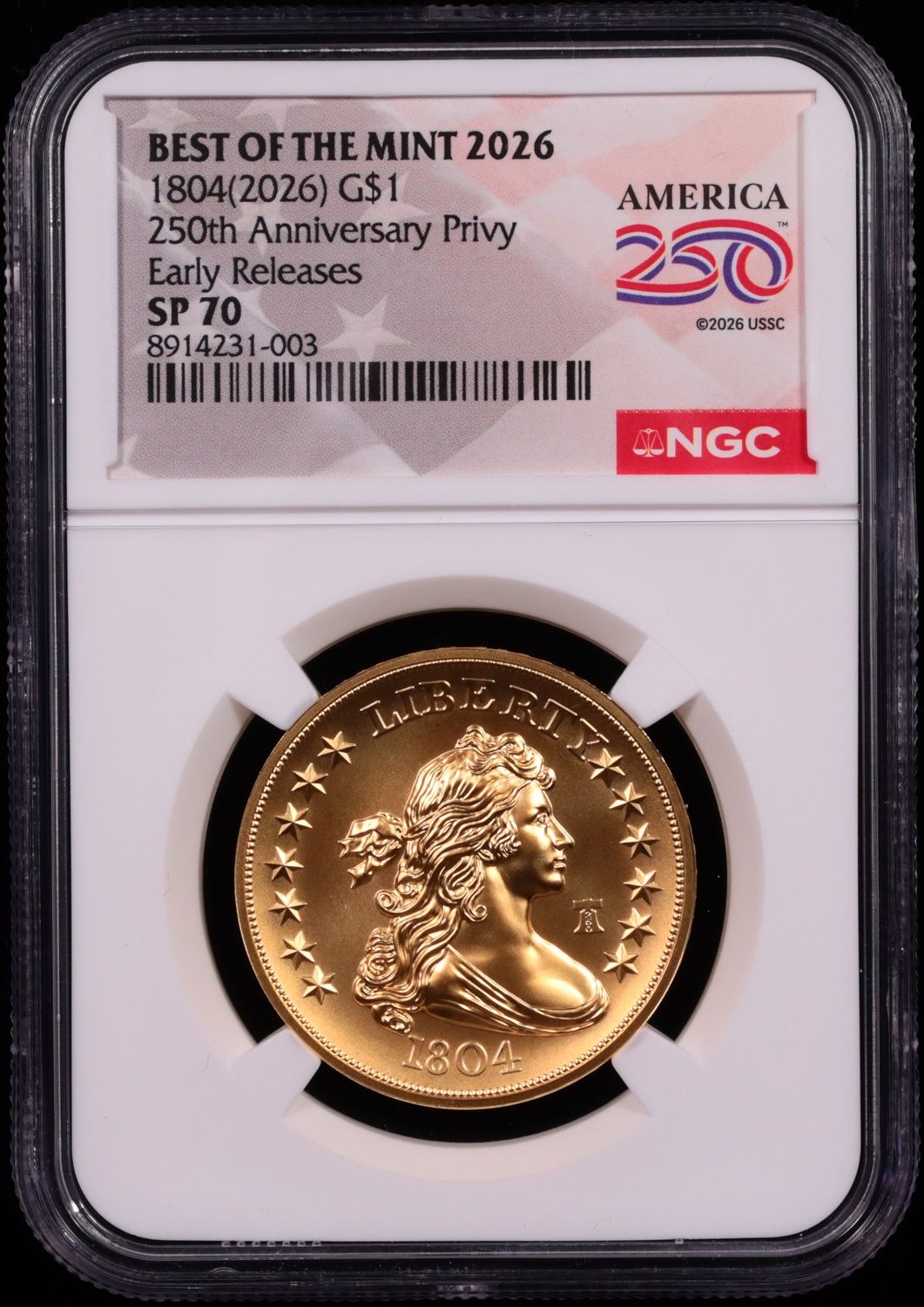 1804 (2026) $1 Gold Draped Bust 250th Anniversary Privy Early Releases NGC SP-70 Obverse in Holder 1804 (2026) $1 Gold Draped Bust 250th Anniversary Privy Early Releases NGC SP-70 Obverse in Holder