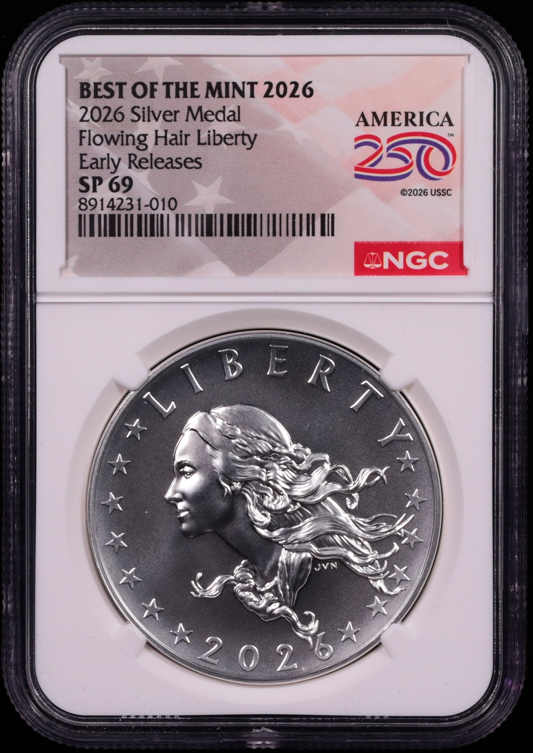 2026 Flowing Hair Liberty Silver Medal NGC SP-69 Early Releases Obverse in Holder 2026 Flowing Hair Liberty Silver Medal NGC SP-69 Early Releases Obverse in Holder