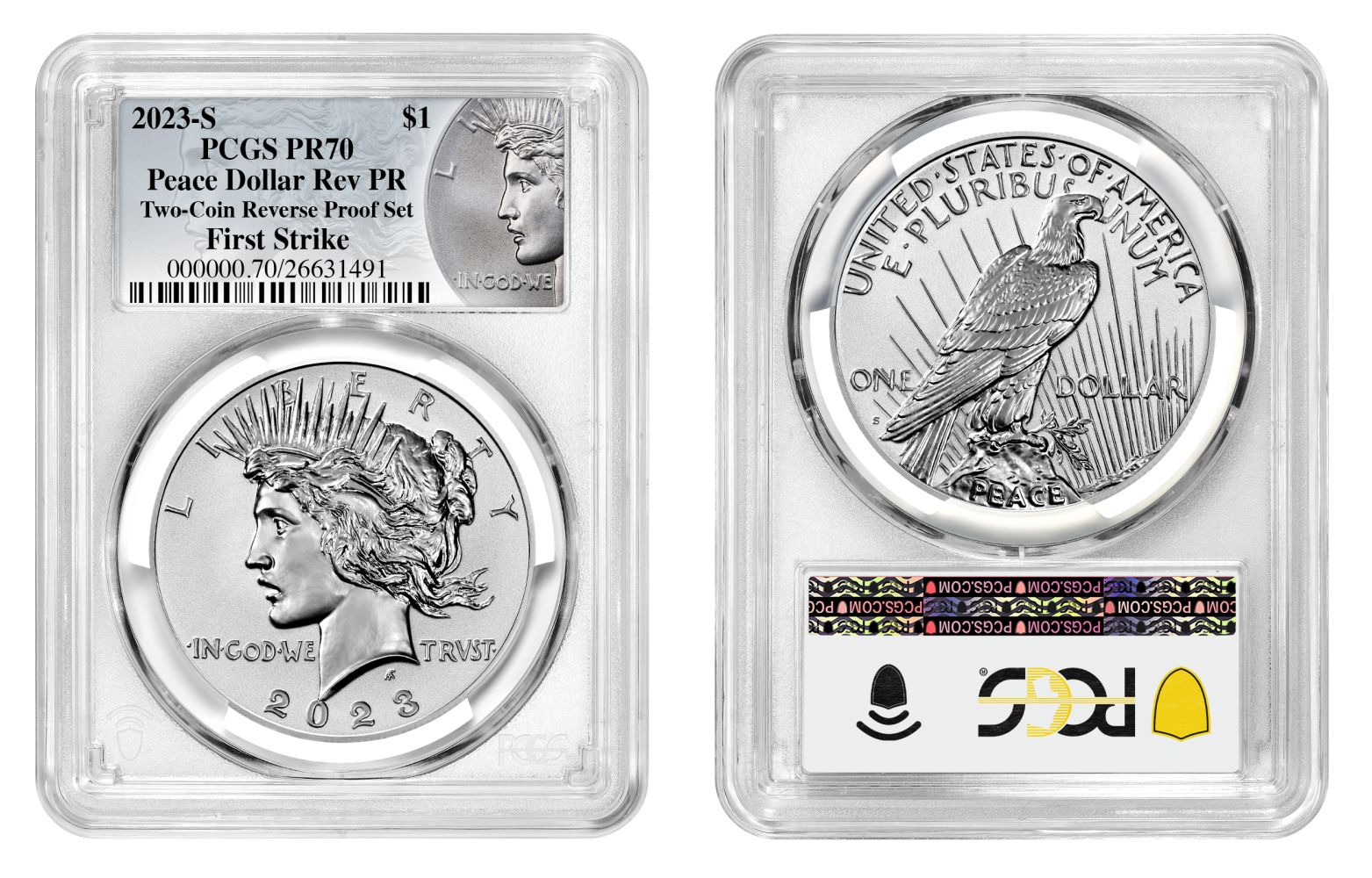 2023-S | Peace Silver Dollar | Reverse Proof-70 | First Strike | Both Sides in Holder 2023-S | Peace Silver Dollar | Reverse Proof-70 | First Strike | Both Sides in Holder