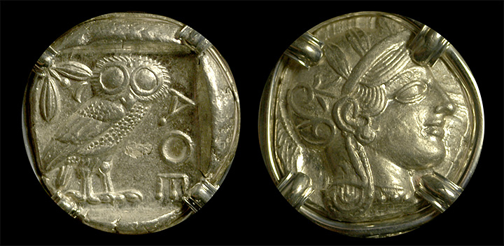 Authentic 2,450-Year-Old Athenian Owl in Bezel | Both Sides Authentic 2,450-Year-Old Athenian Owl in Bezel | Both Sides