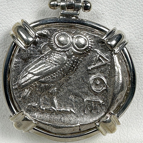Authentic 2,450-Year-Old Athenian Owl in Bezel | Reverse Authentic 2,450-Year-Old Athenian Owl in Bezel | Reverse