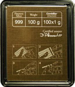 2g 999.9 oro e 2g 999.0 SILVER Valcambi Suisse BARRE IN elemento titolare della carta 