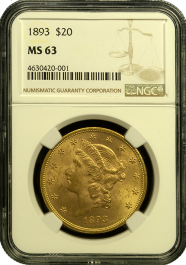 1893-P $20 Liberty Gold Coin PCGS/NGC MS-63 Quality