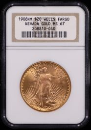 1908 $20 Saint-Gaudens Gold – Wells Fargo Hoard – NGC MS-67