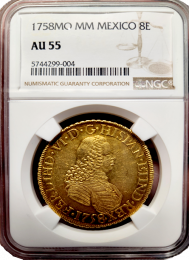 1758 Mexican | 8 Escudo | NGC About Uncirculated 55 | In Holder