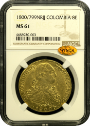 1800-799 | Columbia | 8 Escudo | NGC | MS-61 | In Holder