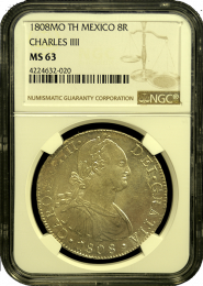 1808 Mexican 8 Reale |NGC | Mint State 63 | In Holder