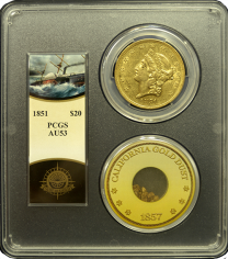 1851 | $20 | SS Central America | Liberty Coin | AU53 | Obverse in Holder