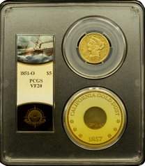 1851 O $5 Gold Liberty | VF20 | Obverse in Holder| Shipwreck Coin | SSCA