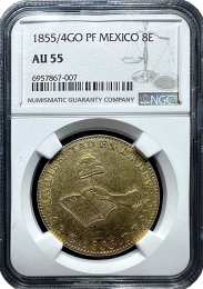 1855-4GO PF Mexico 8 Escudo Gold Coin – “Hand on Book” | NGC AU55 | In Holder
