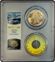 1857-S | $20 Liberty Gold | SSCA | Spiked Shield | MS-63 | Obverse Holder