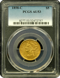 1858-C | $5 Liberty Gold Eagle | PCGS | AU 53 | In Holder