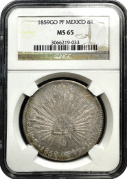 1859 | GO-PF | Mexico 8 Reale | NGC | MS-65 | In Holder