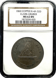 1860 | $20 Copper K4A |  Clark Gruber | In Holder