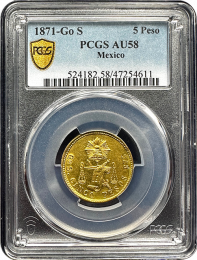 1871 Mexico Gold | 5 Peso | PCGS | AU-58 | In Holder