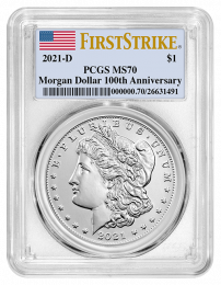 2021- D Morgan Silver Dollars Certified MS70 (Denver Mint) Obverse