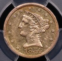 1854-O $5 Liberty Head Half Eagle – PCGS AU55 | Ship of Gold Holder with California Gold Dust