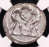 Pamphylia, Aspendus AR Stater (c. 380–325 BC) Wrestlers & Slinger Design – NGC Choice XF
