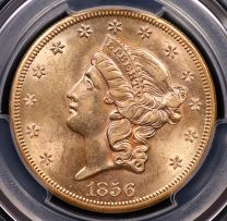 1856-S $20 Liberty Head Double Eagle – PCGS AU58 “Full Serif, Bold S” | Ship of Gold Holder with 1857 California Gold Dust