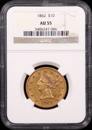 1862 $10 Liberty Head Gold Eagle – NGC AU55